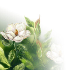 Beautiful pearly white ivory Magnolia flower leaf branch plant tree bush frame background backdrop computer graphic digital watercolor art - 543977960