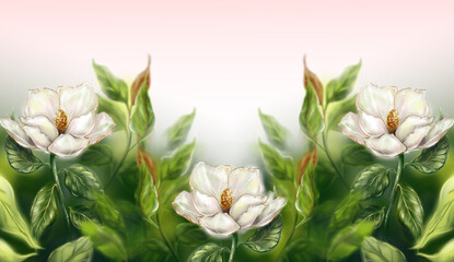 Beautiful pearly white ivory Magnolia flower leaf branch plant tree bush frame background backdrop computer graphic digital watercolor art - 543977971