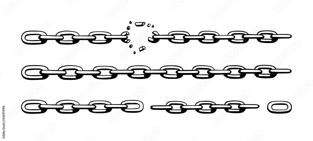 Wall mural broken chain with shatters as symbol of strength and freedom. sketch of metal chains. vector illustr