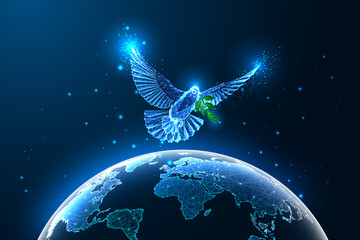 World peace concept with flying dove and planet Earth map from space in futuristic glowing style