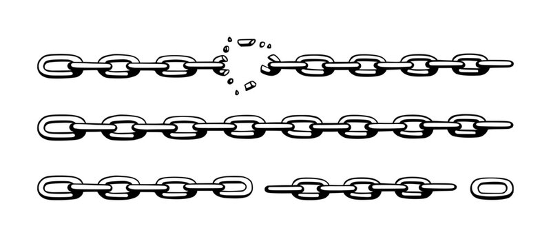 Broken chain with shatters as symbol of strength and freedom. Sketch of metal chains. Vector illustration isolated in white background