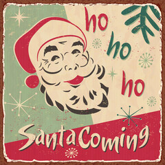 Vintage Christmas metal sign with cute Gnome.Retro poster 1950s style.