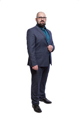 A bald man with glasses and a beard in a formal suit. Elegance and corporate style. Full height. Isolated on white background. Vertical.