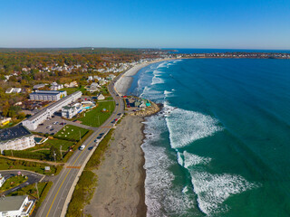 Long Sands Beach aerial view in fall in village of York Beach in town of York, Maine ME, USA.  - obrazy, fototapety, plakaty