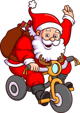 The santa claus is waving hand and greeting someone while delivering gifts