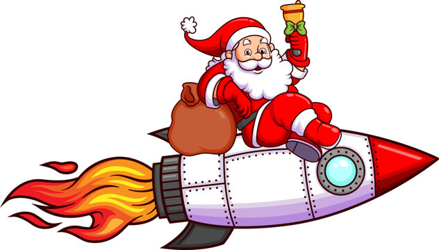 santa claus riding rocket with bell clip art preview