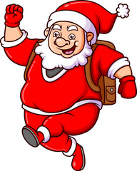 The happy santa claus is running with the big bag full of gift