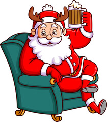 The santa claus is enjoying the movie and drinking the root beer