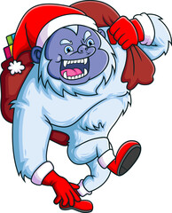 The big yeti is running so fast and holding the big sack of christmas present - obrazy, fototapety, plakaty