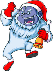 The big yeti is holding the christmas bell and giving the angry expression