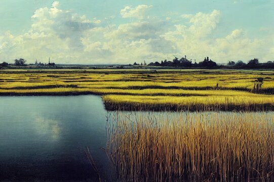 Wetland nature reserve with reeds and the village of Kalken in the background