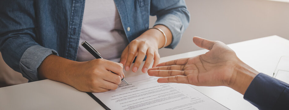 Close Up Hand Of Tenant, Client Sign Signature Contract Rental, Purchase, Buyer Home Or Apartment With Landlord, Realtor After Banker Agreement Mortgage, Loan Success Or Done. Property Agent Concept.