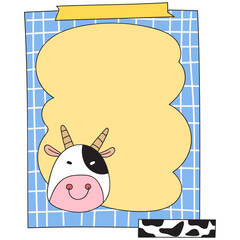 Paper note with cute cow vector illustration in line filled design