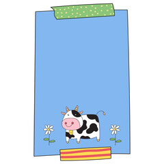 Paper note with cute cow vector illustration in line filled design