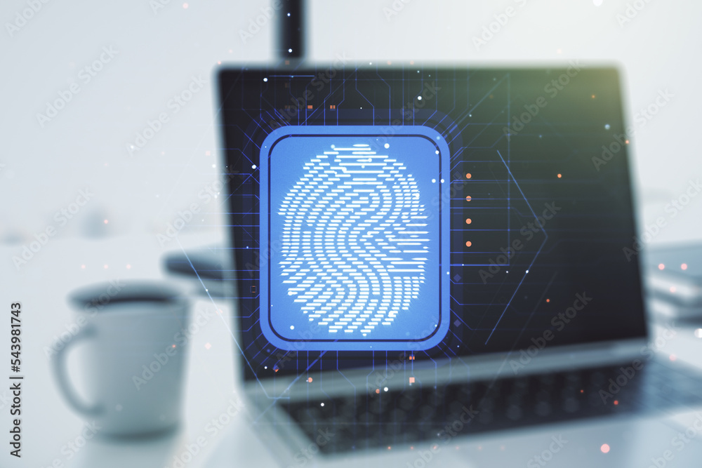 Poster abstract creative fingerprint illustration on modern computer background, personal biometric data co