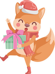 fox with christmas gift box and santa hat