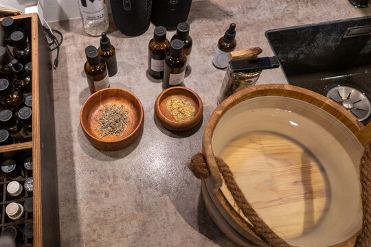 Copenhagen, Denmark  Scents, bowls and spices for use in the  traditional Danish sauna gus ritual of a sauna and a dip in the sea.