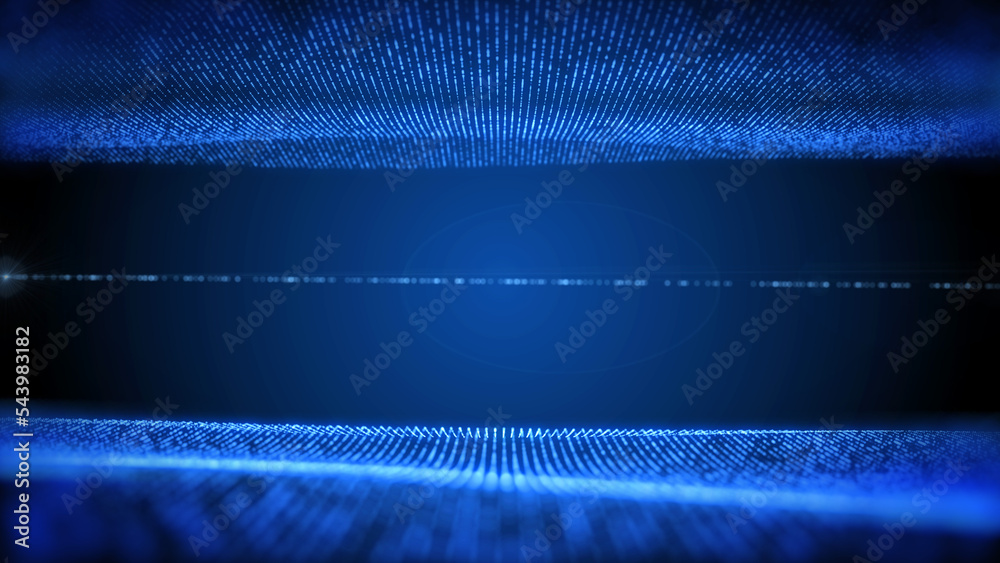 Poster Technology data horizontal dynamic grid pattern moving on blue background illustration.