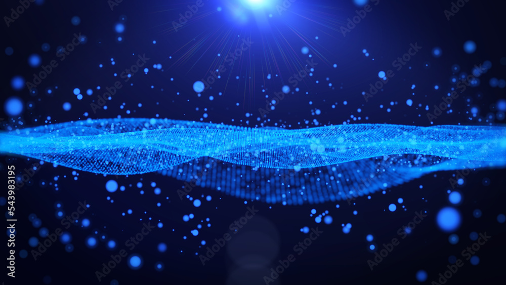 Poster Abstract digital blue dynamic wave particle structure flowing illustration background.