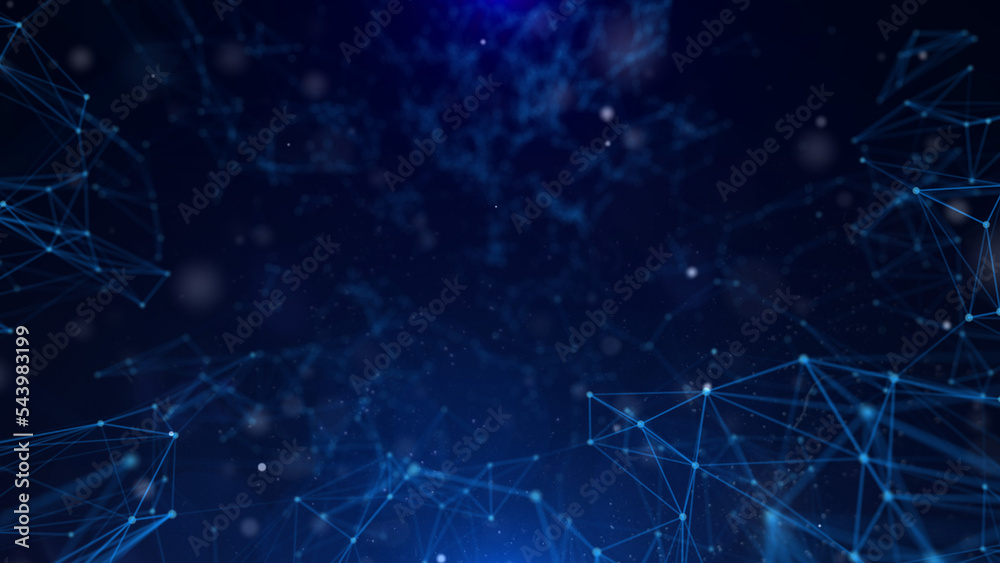 Poster Abstract technology of low poly triangle shape with dots and lines network dynamic on blue cyber space illustration background.