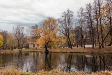 Autumn landscape with pond and trees in the city park.
