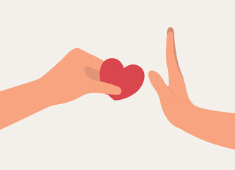 Concept Of Romantic Rejection. A Person’s Hand Holding Heart Shape Love And Another Person’s Hand In Rejection Gesture. Close-Up. Flat Design Style, Character, Cartoon.