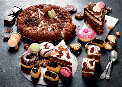 Assortment of confectionery, different types desserts
