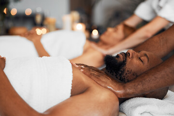 Black man, spa and body massage for couple wellness, relax therapy and skincare treatment. Salon...