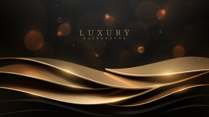 Black luxury background with 3d realistic gold curve elements and glitter light effect decoration and bokeh. Vector illustration.