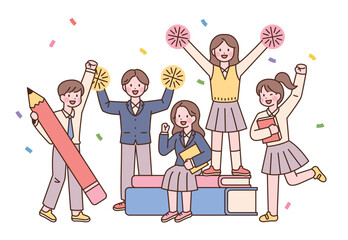 Cute students in school uniforms are cheering on the big books and pencils. outline simple vector illustration.