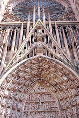Strasbourg Cathedral or Cathédrale Notre Dame de Strasbourg Front Door where is a Famouse Landmark of Strasbourg, France.
