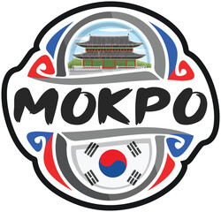 Mokpo South Korea Flag Travel Souvenir Sticker Skyline Landmark Logo Badge Stamp Seal Emblem Coat of Arms Vector Illustration SVG EPS