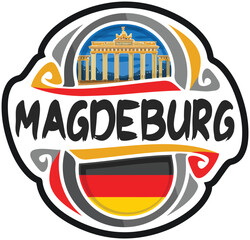 Magdeburg Germany Flag Travel Souvenir Sticker Skyline Landmark Logo Badge Stamp Seal Emblem Coat of Arms Vector Illustration SVG EPS - obrazy, fototapety, plakaty