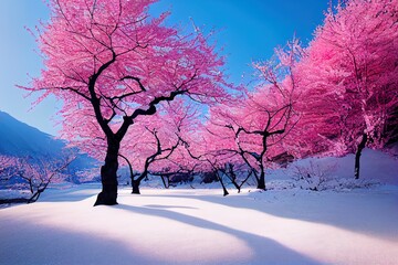 Fototapeta na wymiar Wild Himalayan Cherry Blossom, beautiful pink sakura flower at winter with snow landscape