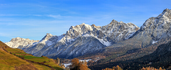 Swiss Alps mountain peaks in the Lower Engadin in Canton Grisons: Piz Ajuez, Piz Lischana, Piz San...