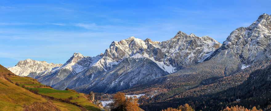 Swiss Alps mountain peaks in the Lower Engadin in Canton Grisons: Piz Ajuez, Piz Lischana, Piz San Jon Dadora and connecting mountain chains