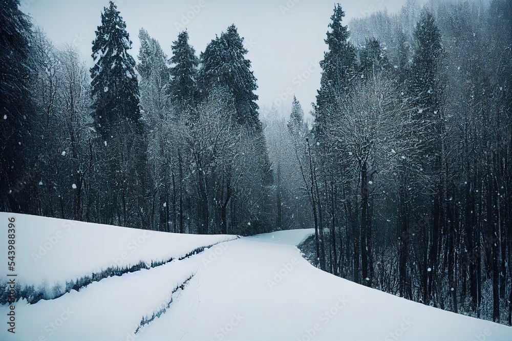 Sticker Beautiful snowy landscape panorama with forest on background. Fresh powder snow, winter nature