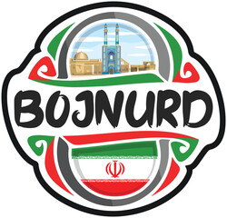 Bojnurd Iran Flag Travel Souvenir Sticker Skyline Landmark Logo Badge Stamp Seal Emblem Coat of Arms Vector Illustration SVG EPS