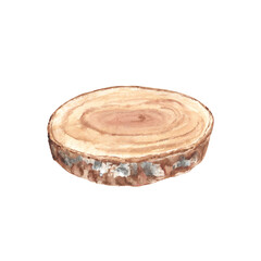 Round wooden saw cut of cylinder shape. Watercolor illustration on white background. Eco minimalistic style. Podium, empty showcase for eco products, floral design.
