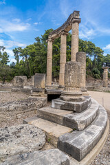 Philippeion pillars & colonnade fragments at ruined monument, built in 338 B.C. to celebrate a...