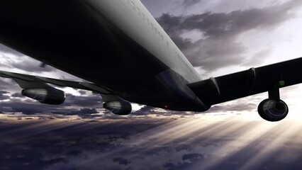 Jumbo Jet Flyby with Engines with Dramatic Cloudscape and Light Rays 4K
