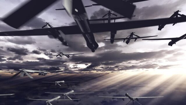 Massive Military Drone Fleet with Dynamic Dramatic Cloudscape and Light Rays 3D Animation 4K
