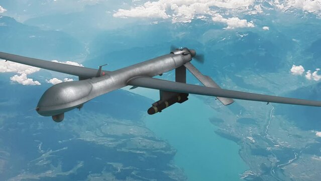 Military Drone with Missles Flying Above Clouds and Lakes Landscape