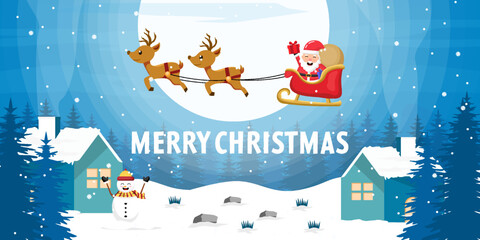 merry christmas banner with Santa claus riding on carriage flying deers over winter landscape