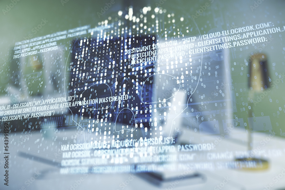 Poster double exposure of creative code skull hologram on laptop background. malware and cyber crime concep