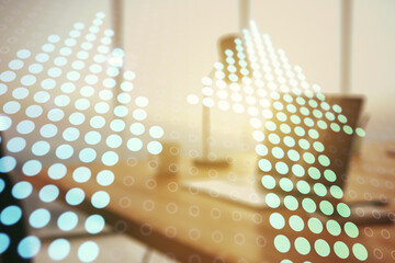 Creative abstract upward arrows hologram on modern computer background, leadership and motivation concept. Multiexposure