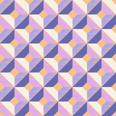 Geometric seamless pattern of squares and rhombuses in blue grey, blue purple, mauve, cream and apricot colors. Design for wallpaper, wrapping products, textiles, fabrics.