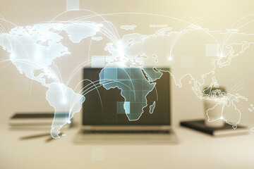 Abstract graphic digital world map with connections on modern computer background, globalization concept. Multiexposure