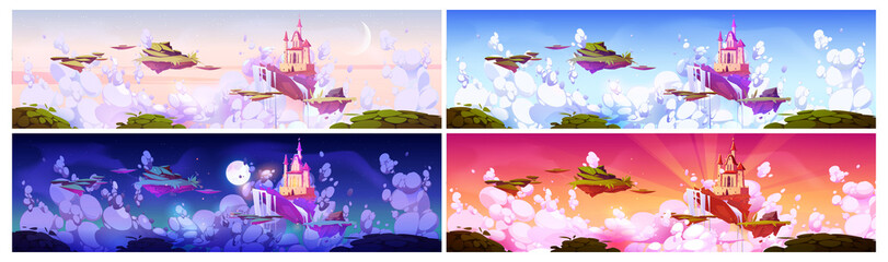 Medieval castle on floating islands at different time of day. Fantasy landscape with royal palace, waterfall and grass flying in sky in early morning, night, sunset and noon, vector cartoon scene © klyaksun