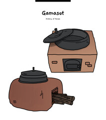This illustration is Gamasot, a pot made of cast iron, an old Korean cooking tool. In the old days, people cooked using this pot and firewood.